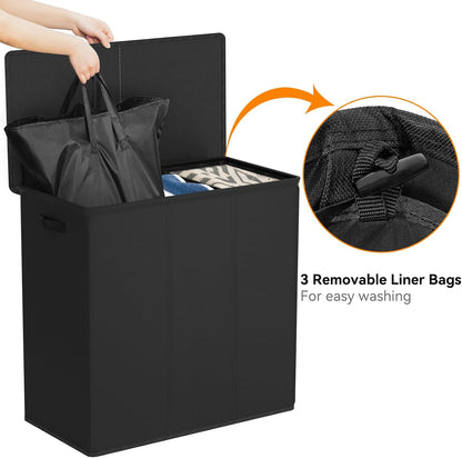 180L Double Laundry Hamper 2 Section with Lid and Removable Bags