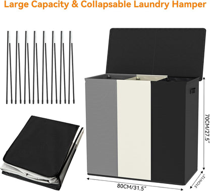 180L Double Laundry Hamper 2 Section with Lid and Removable Bags