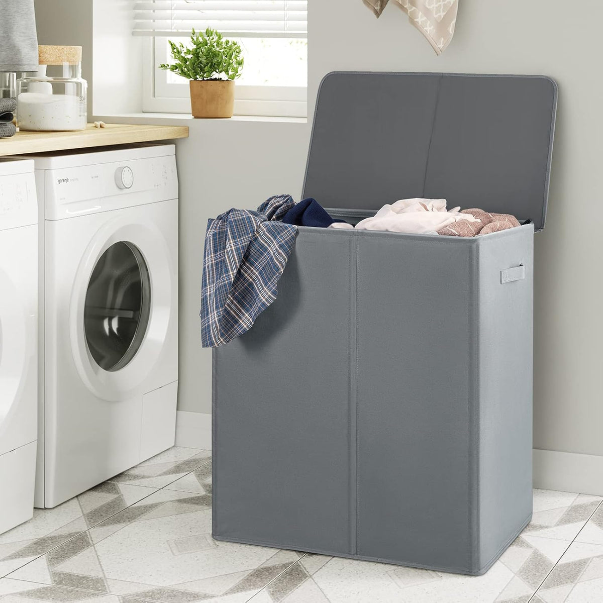 180L Double Laundry Hamper 2 Section with Lid and Removable Bags