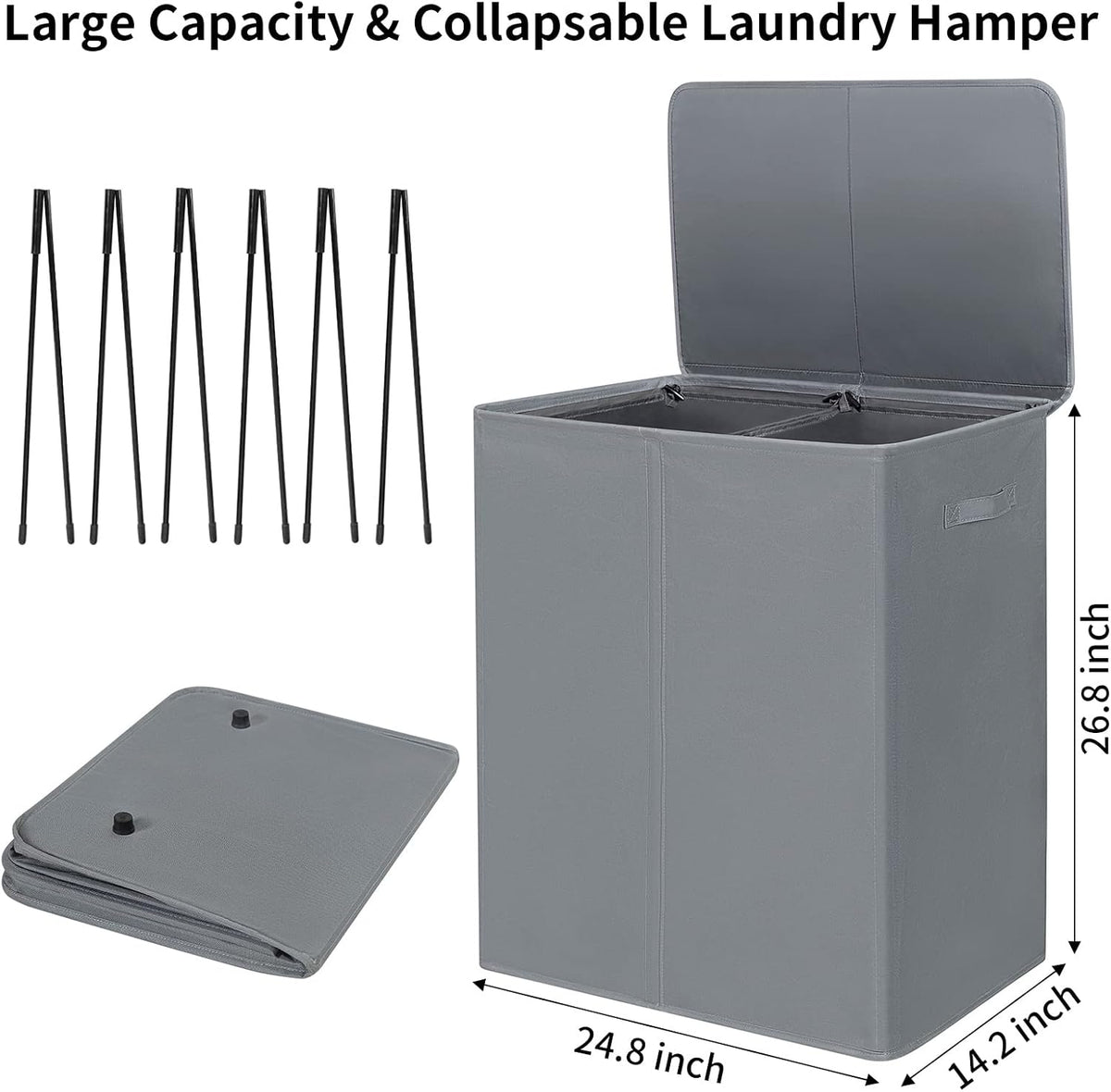 180L Double Laundry Hamper 2 Section with Lid and Removable Bags