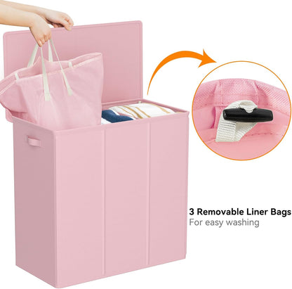 180L Double Laundry Hamper 2 Section with Lid and Removable Bags