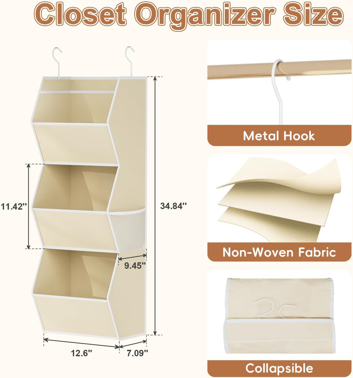Hanging Closet Organizers and Storage for Kids Room Organization, 3 Tiers