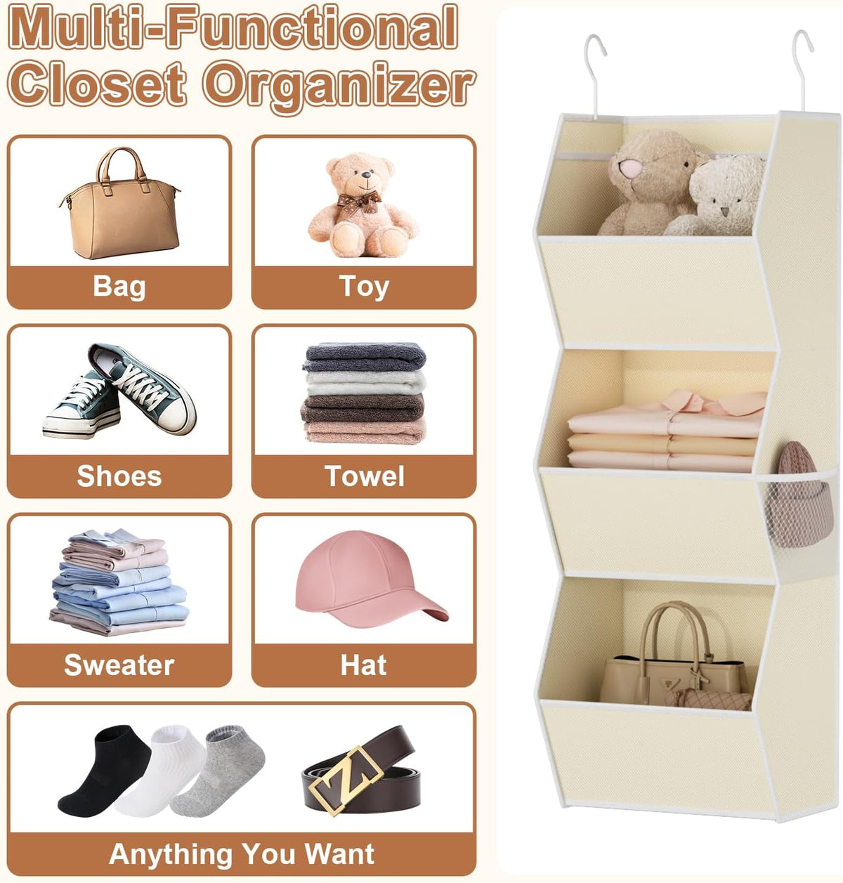 Hanging Closet Organizers and Storage for Kids Room Organization, 3 Tiers