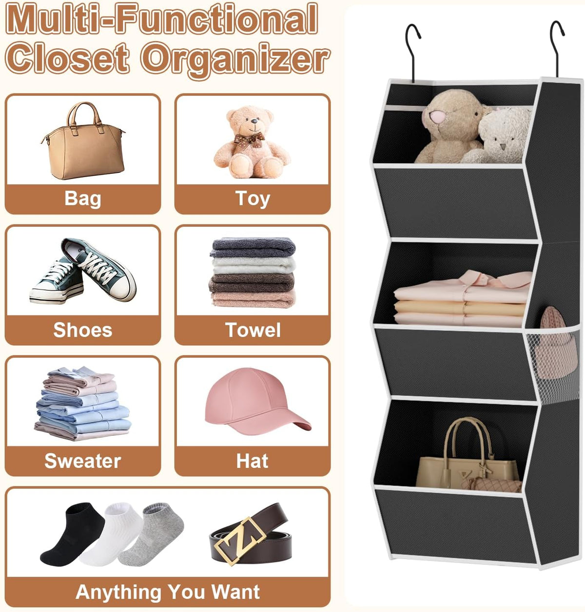 Hanging Closet Organizers and Storage for Kids Room Organization, 3 Tiers