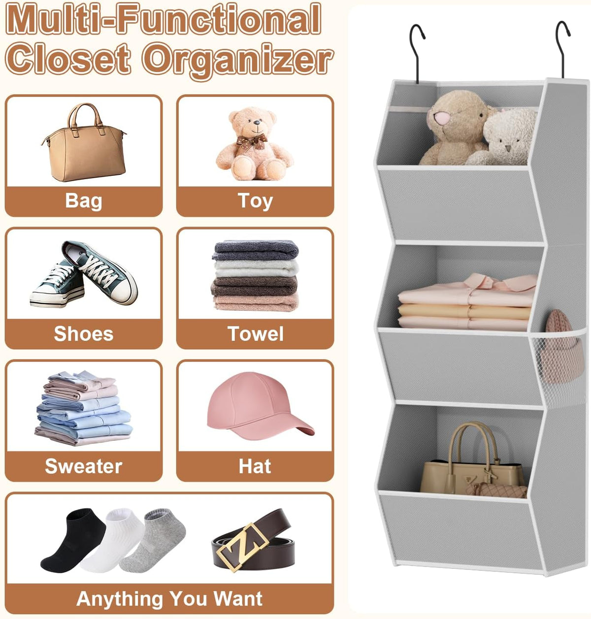 Hanging Closet Organizers and Storage for Kids Room Organization, 3 Tiers