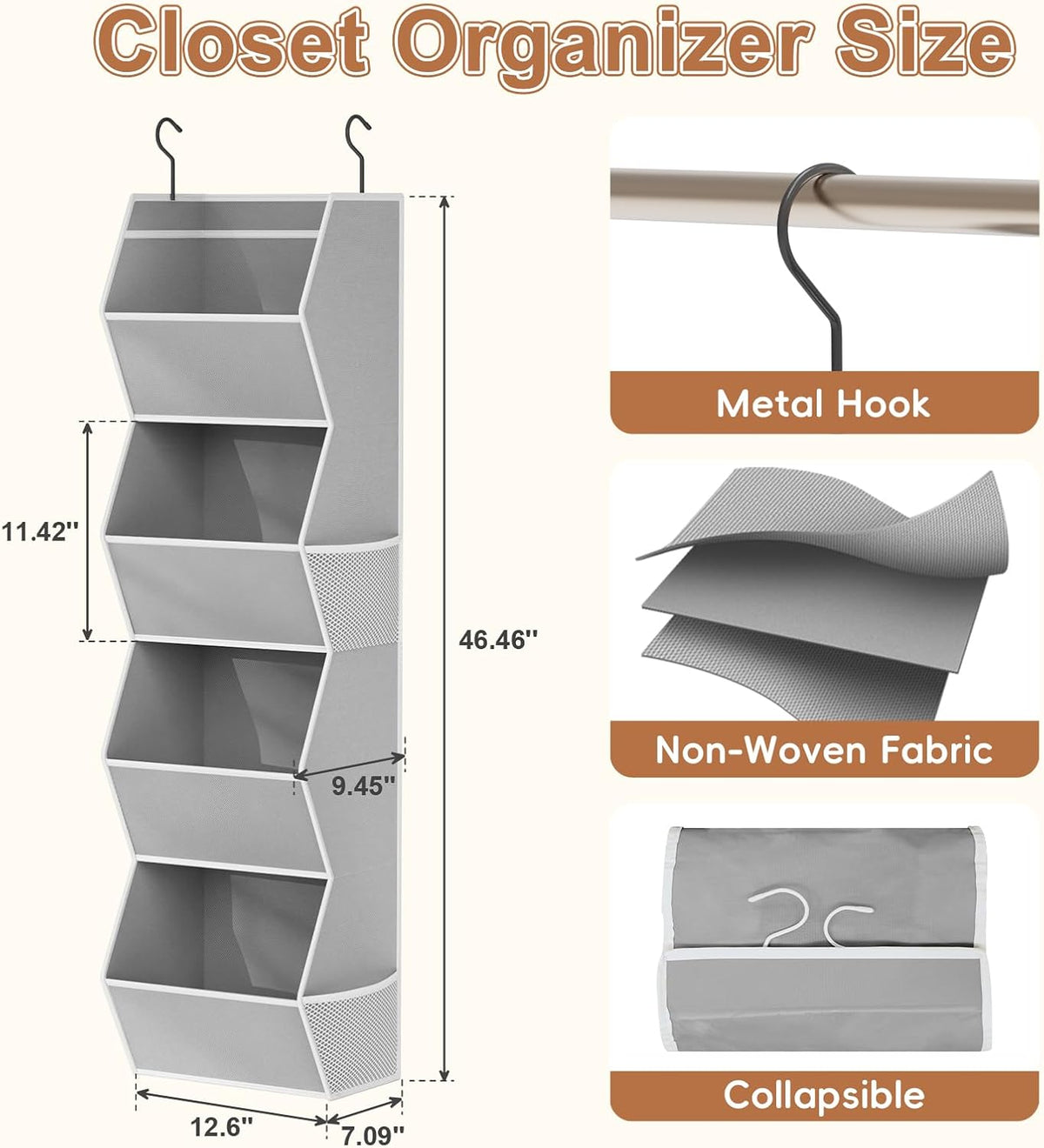 Hanging Closet Organizers and Storage for Kids Room Organization, 3 Tiers