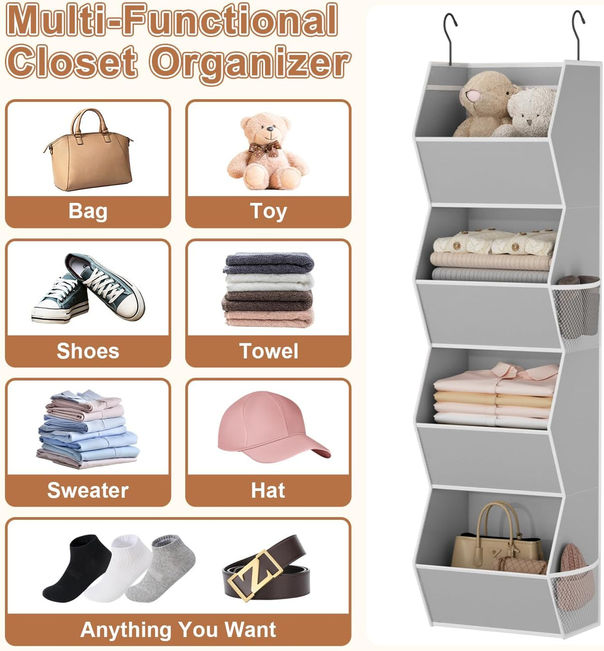 Hanging Closet Organizers and Storage for Kids Room Organization, 3 Tiers