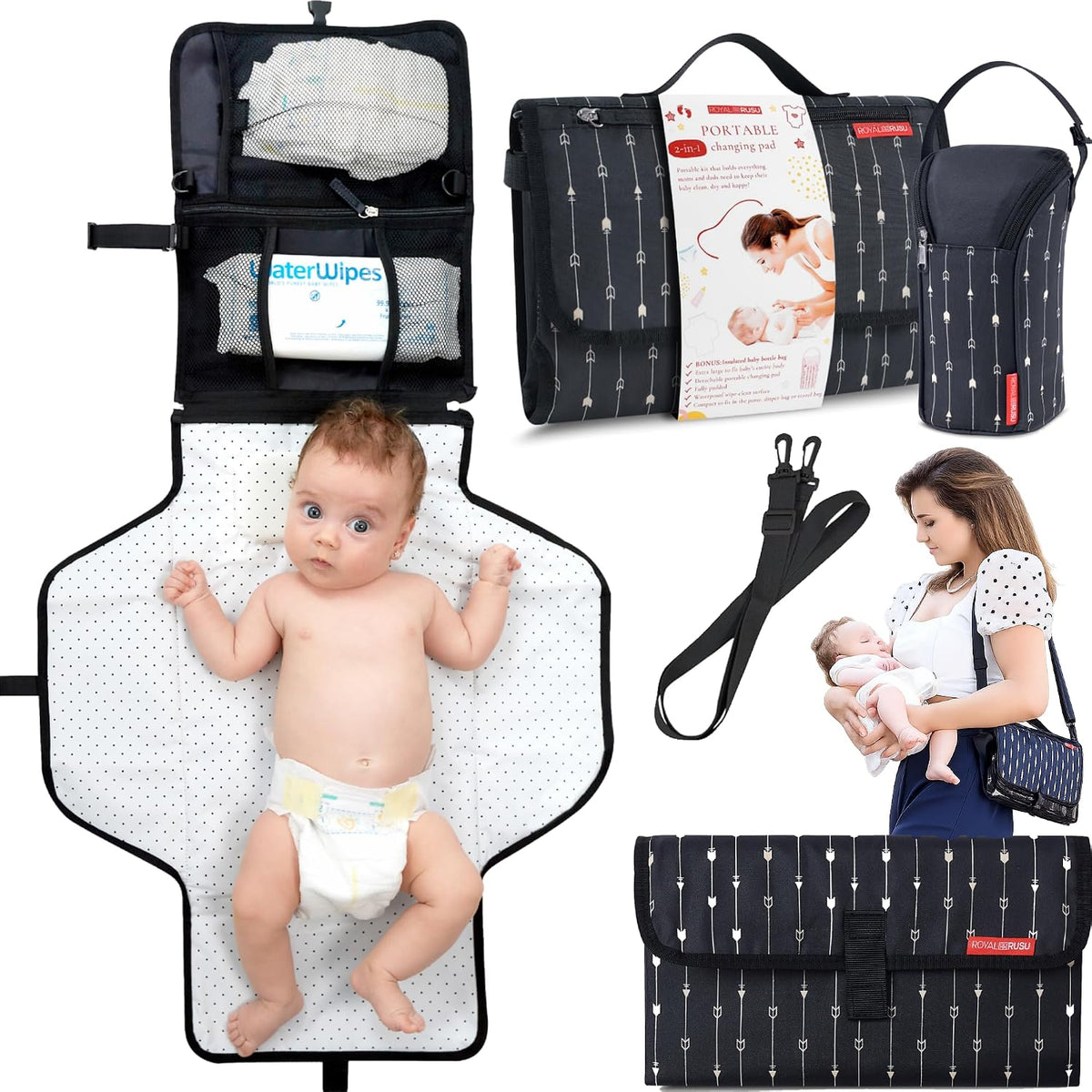 Premium Portable Diaper Changing Pad – CPC Certified Waterproof 2-in-1 Diaper Clutch & Changing Mat with Head Cushion – Bonus Insulated Bottle Bag – Travel Kit Gift for Baby Girls & Boys (Peach)