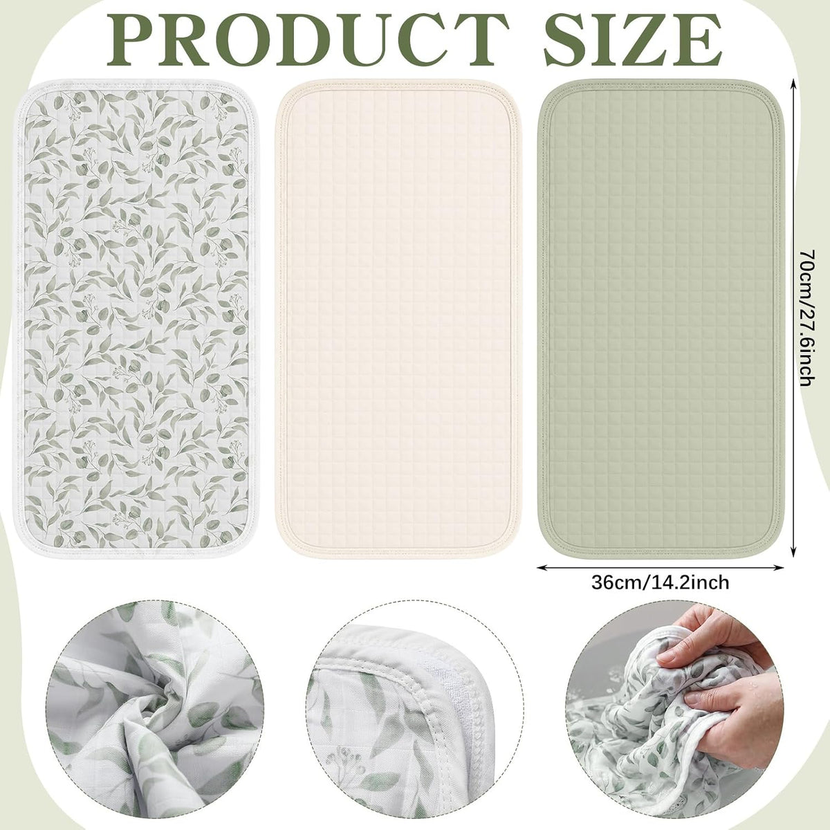 3 Pcs Waterproof Washable Baby Changing Pad Liners,Green Leaves