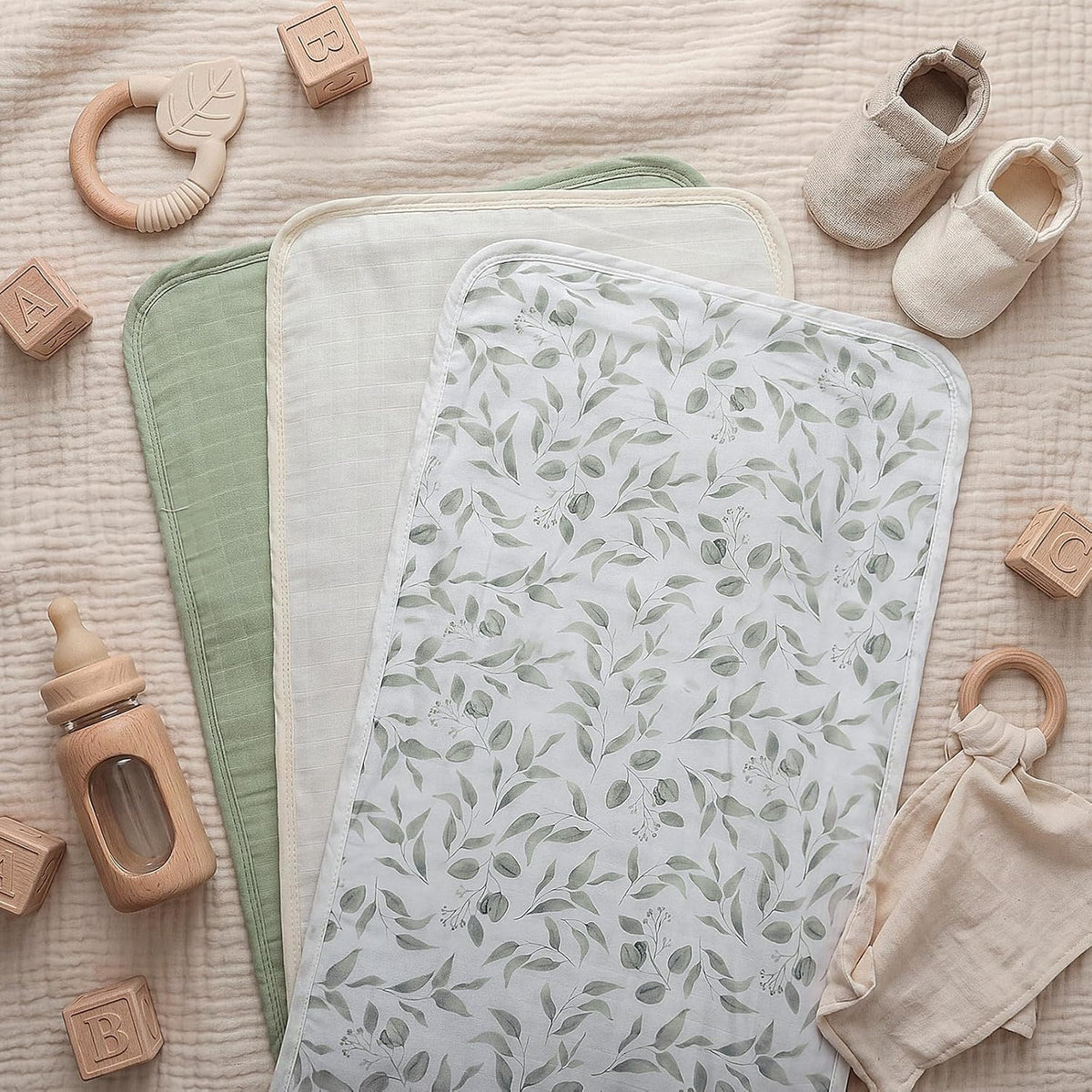 3 Pcs Waterproof Washable Baby Changing Pad Liners,Green Leaves
