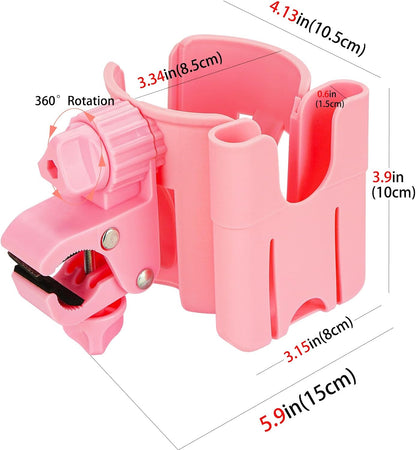 2-in-1 Walker Cup Holder with Phone Holder, Bike Cup Holder, Rotation Drink Holder for Bike, Wheelchair, Walker, Bicycle, Fits Most Cups (1Pack, Pink)