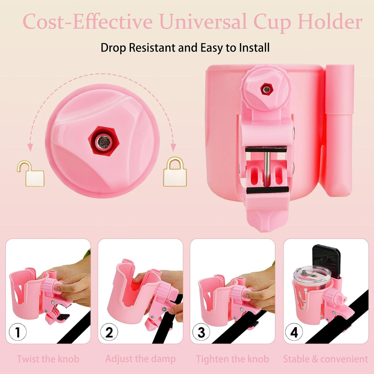 2-in-1 Walker Cup Holder with Phone Holder, Bike Cup Holder, Rotation Drink Holder for Bike, Wheelchair, Walker, Bicycle, Fits Most Cups (1Pack, Pink)