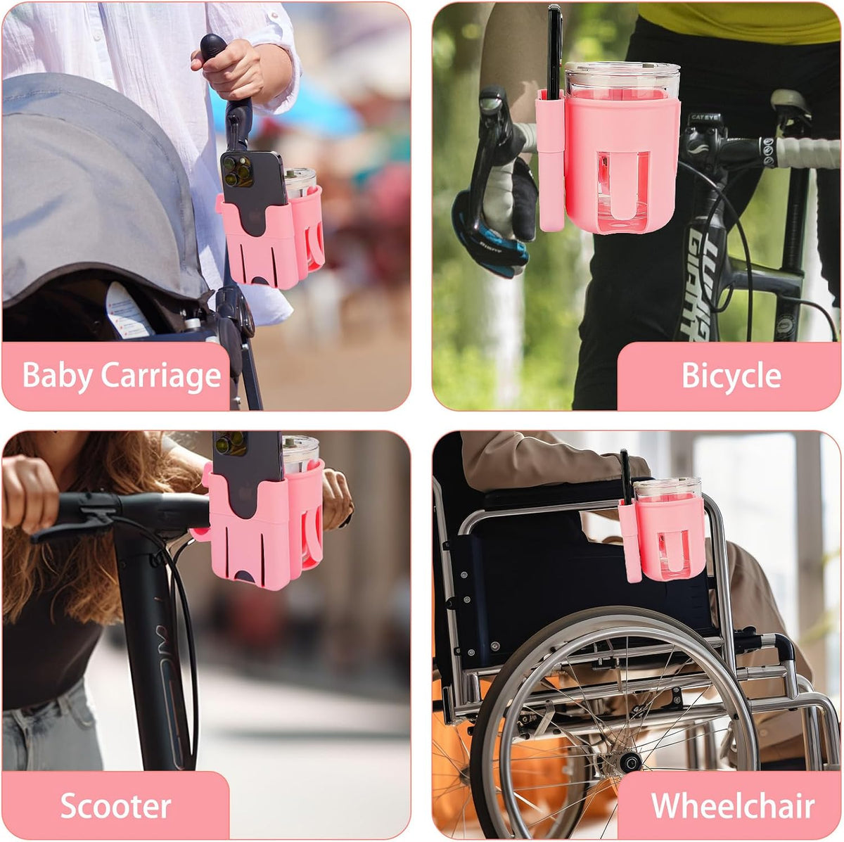 2-in-1 Walker Cup Holder with Phone Holder, Bike Cup Holder, Rotation Drink Holder for Bike, Wheelchair, Walker, Bicycle, Fits Most Cups (1Pack, Pink)