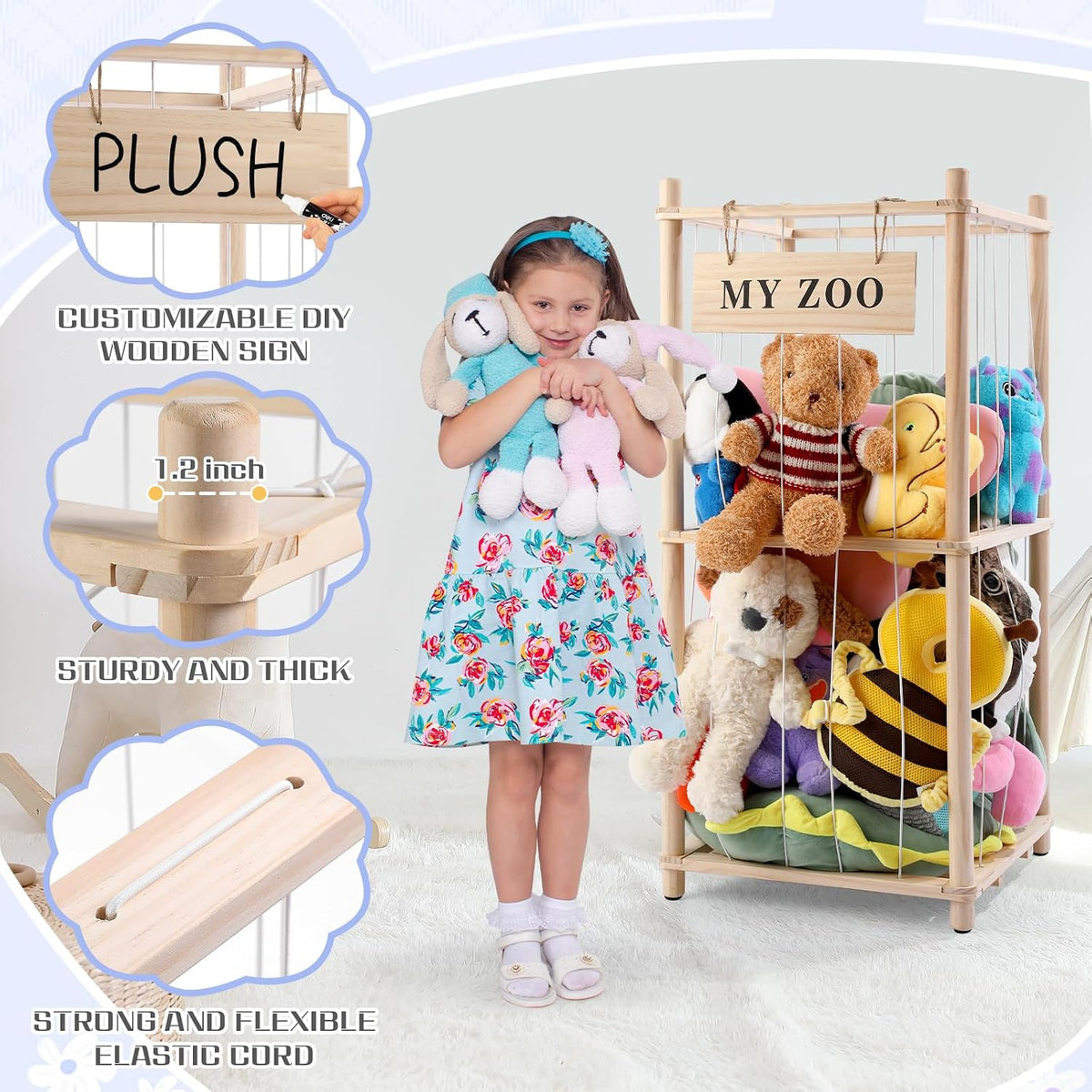 Stuffed Animal Storage Zoo, Wooden Stuffed Animal Organizer with Elastic Cords for Boys Girls, Space Saving Toy Plushies Storage Holder for Playroom, Bedroom, Living Room (Burlywood, Small)