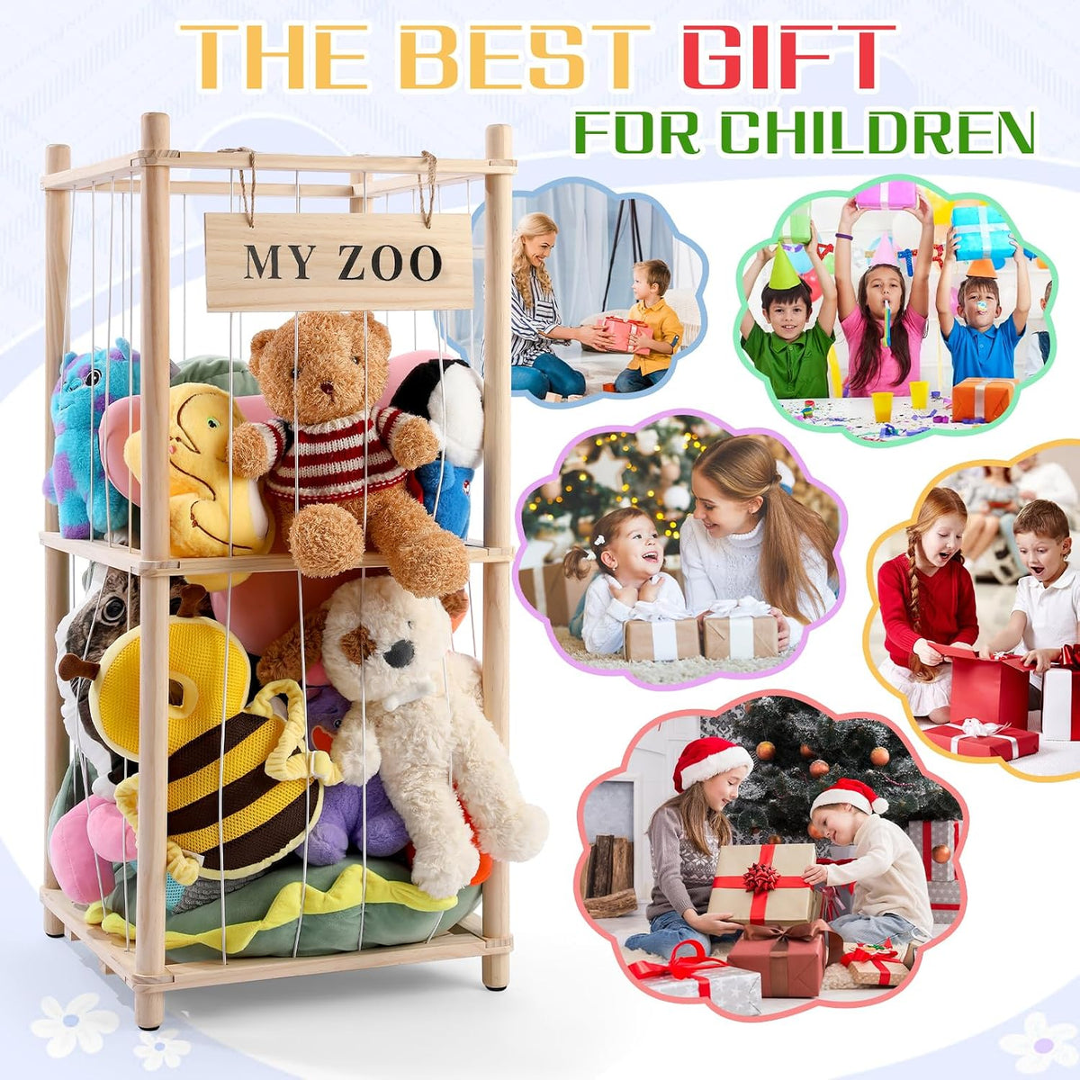 Stuffed Animal Storage Zoo, Wooden Stuffed Animal Organizer with Elastic Cords for Boys Girls, Space Saving Toy Plushies Storage Holder for Playroom, Bedroom, Living Room (Burlywood, Small)