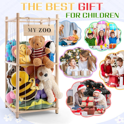 Stuffed Animal Storage Zoo, Wooden Stuffed Animal Organizer with Elastic Cords for Boys Girls, Space Saving Toy Plushies Storage Holder for Playroom, Bedroom, Living Room (Burlywood, Small)
