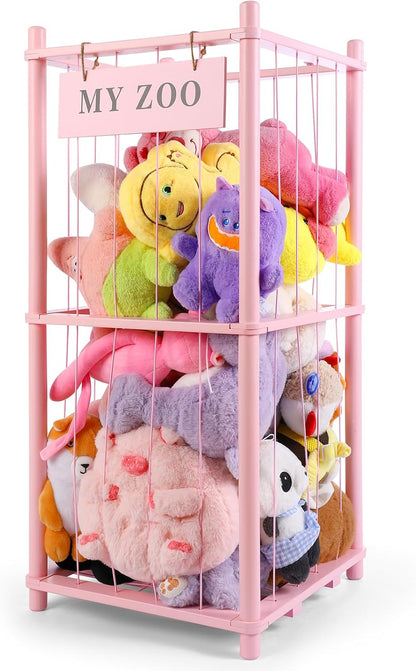 Stuffed Animal Storage Zoo, Wooden Stuffed Animal Organizer with Elastic Cords for Boys Girls, Space Saving Toy Plushies Storage Holder for Playroom, Bedroom, Living Room (Burlywood, Small)