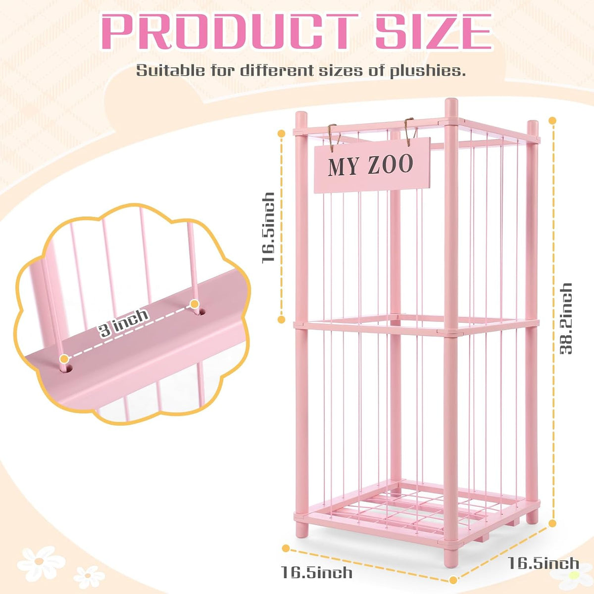 Stuffed Animal Storage Zoo, Wooden Stuffed Animal Organizer with Elastic Cords for Boys Girls, Space Saving Toy Plushies Storage Holder for Playroom, Bedroom, Living Room (Burlywood, Small)