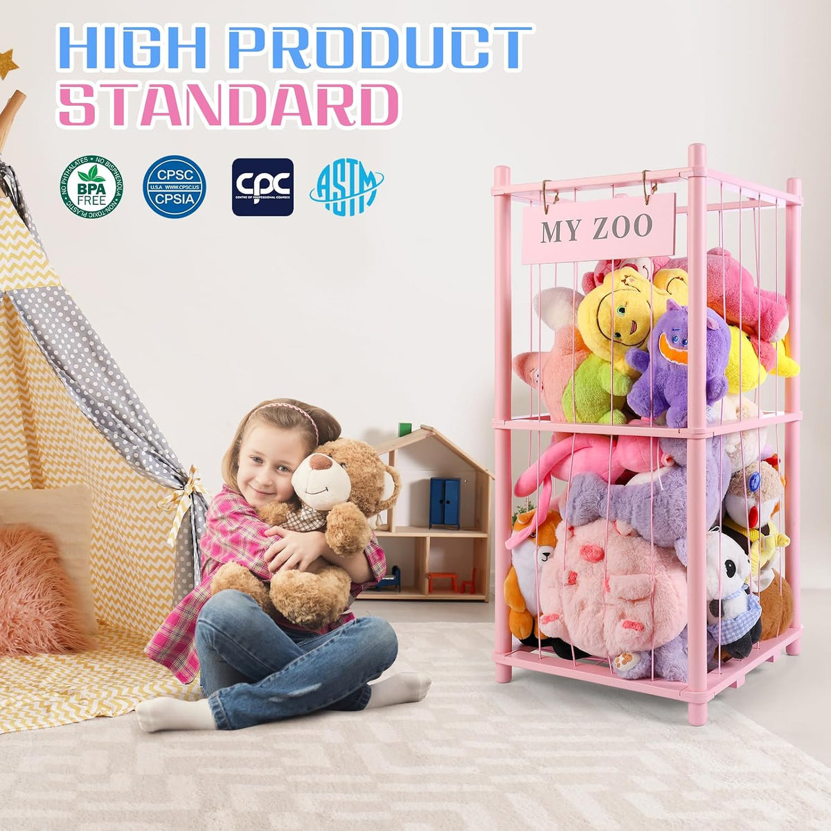 Stuffed Animal Storage Zoo, Wooden Stuffed Animal Organizer with Elastic Cords for Boys Girls, Space Saving Toy Plushies Storage Holder for Playroom, Bedroom, Living Room (Burlywood, Small)
