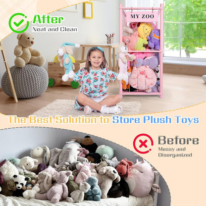 Stuffed Animal Storage Zoo, Wooden Stuffed Animal Organizer with Elastic Cords for Boys Girls, Space Saving Toy Plushies Storage Holder for Playroom, Bedroom, Living Room (Burlywood, Small)