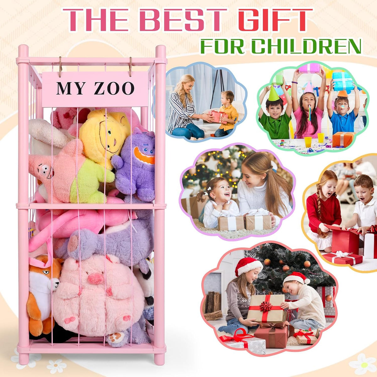 Stuffed Animal Storage Zoo, Wooden Stuffed Animal Organizer with Elastic Cords for Boys Girls, Space Saving Toy Plushies Storage Holder for Playroom, Bedroom, Living Room (Burlywood, Small)
