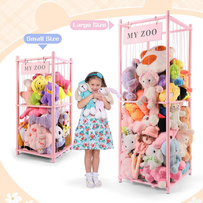 Stuffed Animal Storage Zoo, Wooden Stuffed Animal Organizer with Elastic Cords for Boys Girls, Space Saving Toy Plushies Storage Holder for Playroom, Bedroom, Living Room (Burlywood, Small)