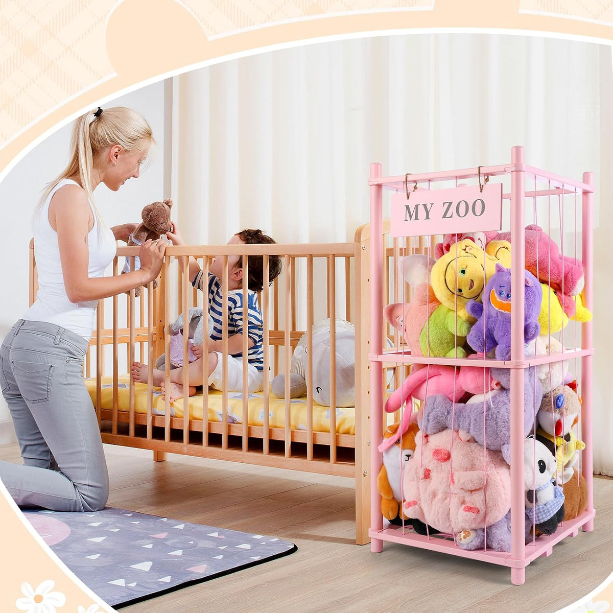 Stuffed Animal Storage Zoo, Wooden Stuffed Animal Organizer with Elastic Cords for Boys Girls, Space Saving Toy Plushies Storage Holder for Playroom, Bedroom, Living Room (Burlywood, Small)