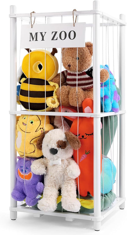 Stuffed Animal Storage Zoo, Wooden Stuffed Animal Organizer with Elastic Cords for Boys Girls, Space Saving Toy Plushies Storage Holder for Playroom, Bedroom, Living Room (Burlywood, Small)