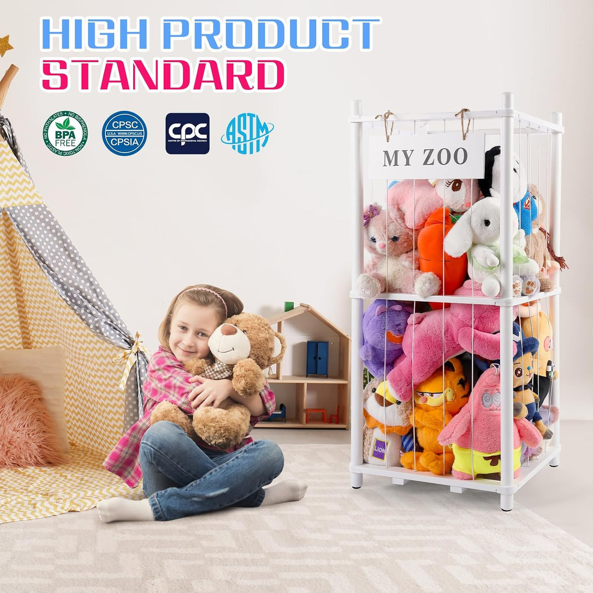 Stuffed Animal Storage Zoo, Wooden Stuffed Animal Organizer with Elastic Cords for Boys Girls, Space Saving Toy Plushies Storage Holder for Playroom, Bedroom, Living Room (Burlywood, Small)