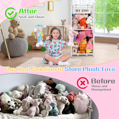 Stuffed Animal Storage Zoo, Wooden Stuffed Animal Organizer with Elastic Cords for Boys Girls, Space Saving Toy Plushies Storage Holder for Playroom, Bedroom, Living Room (Burlywood, Small)