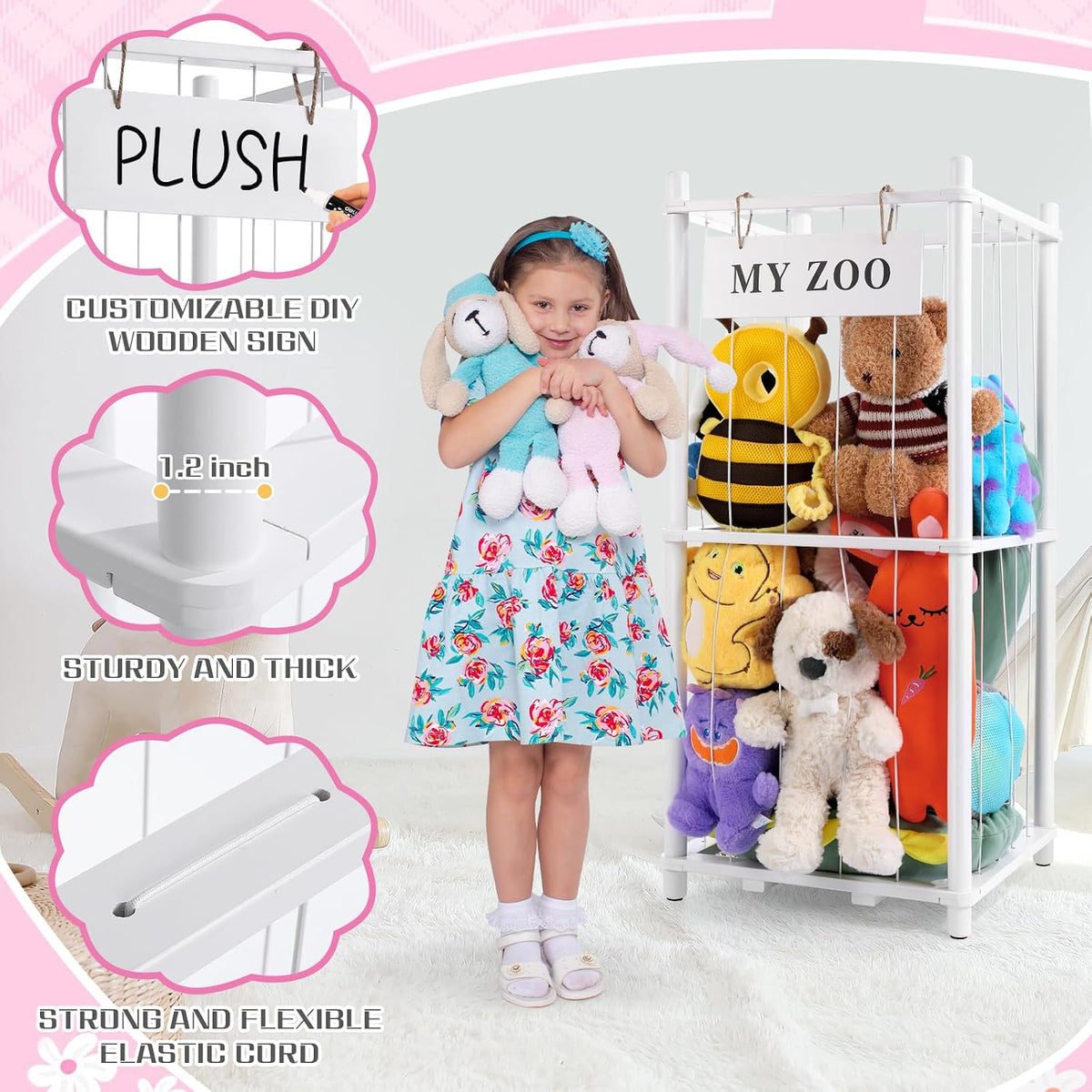 Stuffed Animal Storage Zoo, Wooden Stuffed Animal Organizer with Elastic Cords for Boys Girls, Space Saving Toy Plushies Storage Holder for Playroom, Bedroom, Living Room (Burlywood, Small)