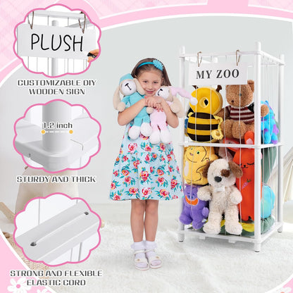 Stuffed Animal Storage Zoo, Wooden Stuffed Animal Organizer with Elastic Cords for Boys Girls, Space Saving Toy Plushies Storage Holder for Playroom, Bedroom, Living Room (Burlywood, Small)
