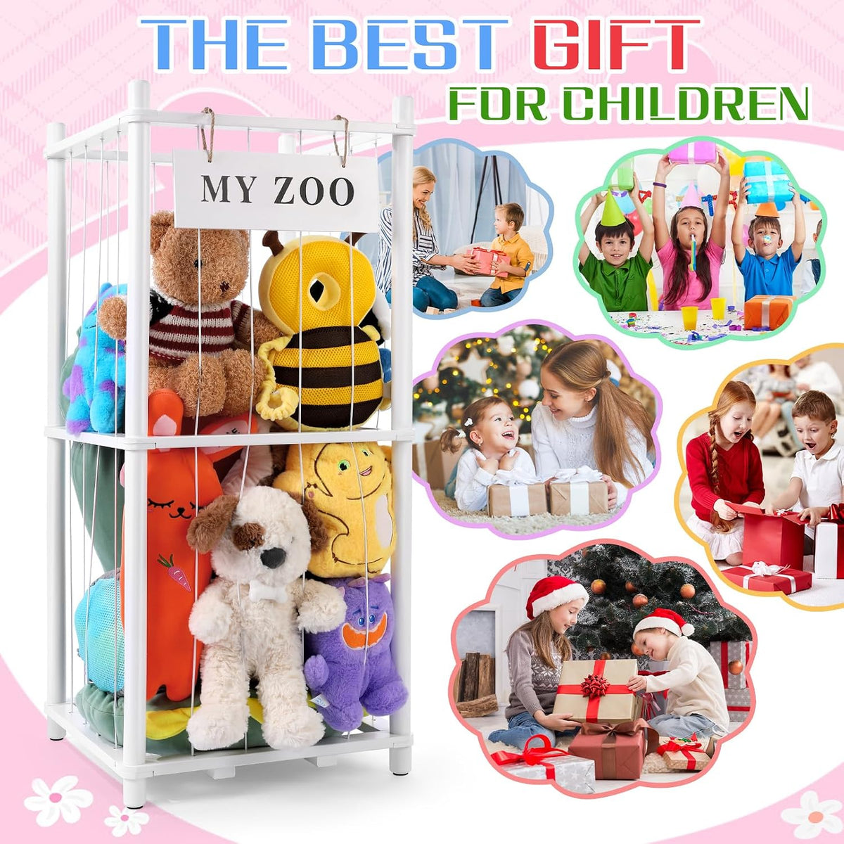Stuffed Animal Storage Zoo, Wooden Stuffed Animal Organizer with Elastic Cords for Boys Girls, Space Saving Toy Plushies Storage Holder for Playroom, Bedroom, Living Room (Burlywood, Small)
