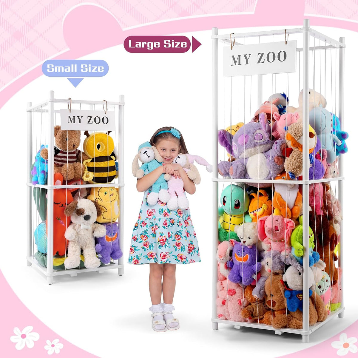 Stuffed Animal Storage Zoo, Wooden Stuffed Animal Organizer with Elastic Cords for Boys Girls, Space Saving Toy Plushies Storage Holder for Playroom, Bedroom, Living Room (Burlywood, Small)