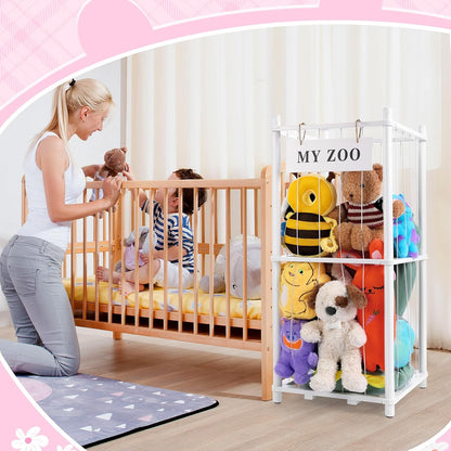 Stuffed Animal Storage Zoo, Wooden Stuffed Animal Organizer with Elastic Cords for Boys Girls, Space Saving Toy Plushies Storage Holder for Playroom, Bedroom, Living Room (Burlywood, Small)