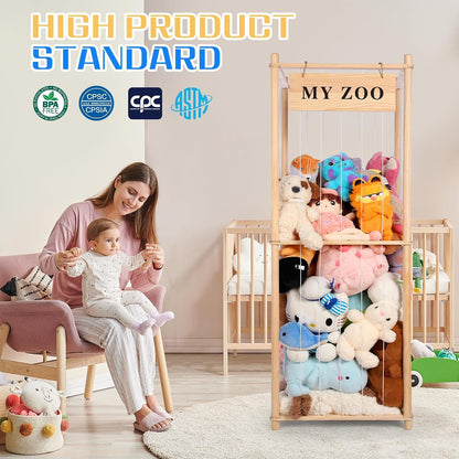 Stuffed Animal Storage Zoo, Wooden Stuffed Animal Organizer with Elastic Cords for Boys Girls, Space Saving Toy Plushies Storage Holder for Playroom, Bedroom, Living Room (Burlywood, Small)