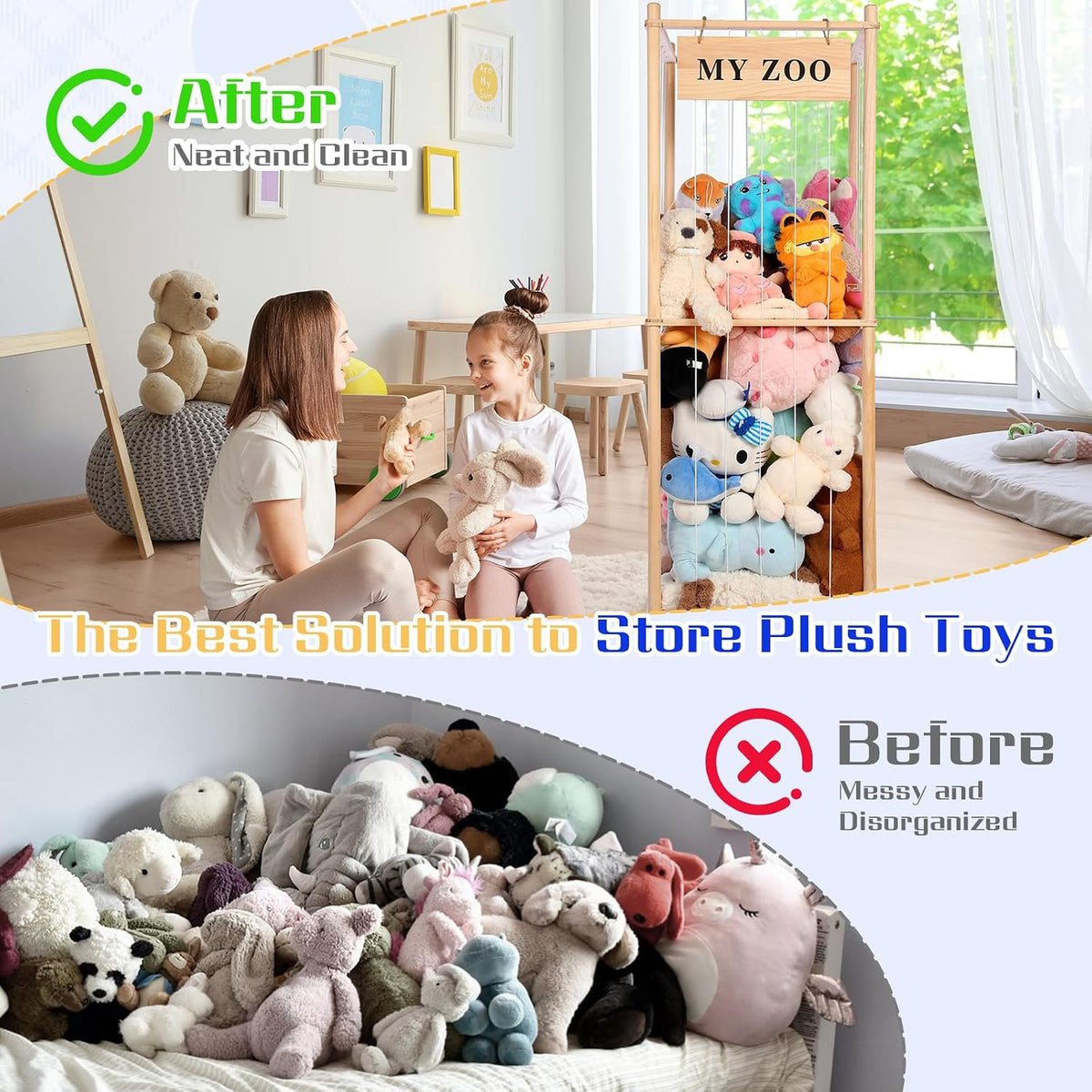 Stuffed Animal Storage Zoo, Wooden Stuffed Animal Organizer with Elastic Cords for Boys Girls, Space Saving Toy Plushies Storage Holder for Playroom, Bedroom, Living Room (Burlywood, Small)