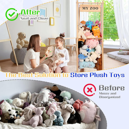 Stuffed Animal Storage Zoo, Wooden Stuffed Animal Organizer with Elastic Cords for Boys Girls, Space Saving Toy Plushies Storage Holder for Playroom, Bedroom, Living Room (Burlywood, Small)