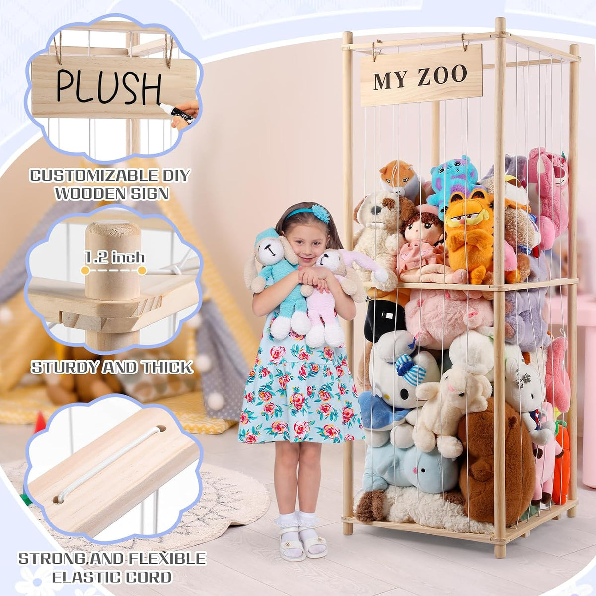 Stuffed Animal Storage Zoo, Wooden Stuffed Animal Organizer with Elastic Cords for Boys Girls, Space Saving Toy Plushies Storage Holder for Playroom, Bedroom, Living Room (Burlywood, Small)