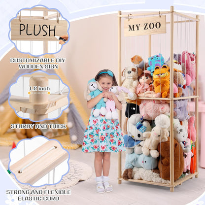 Stuffed Animal Storage Zoo, Wooden Stuffed Animal Organizer with Elastic Cords for Boys Girls, Space Saving Toy Plushies Storage Holder for Playroom, Bedroom, Living Room (Burlywood, Small)