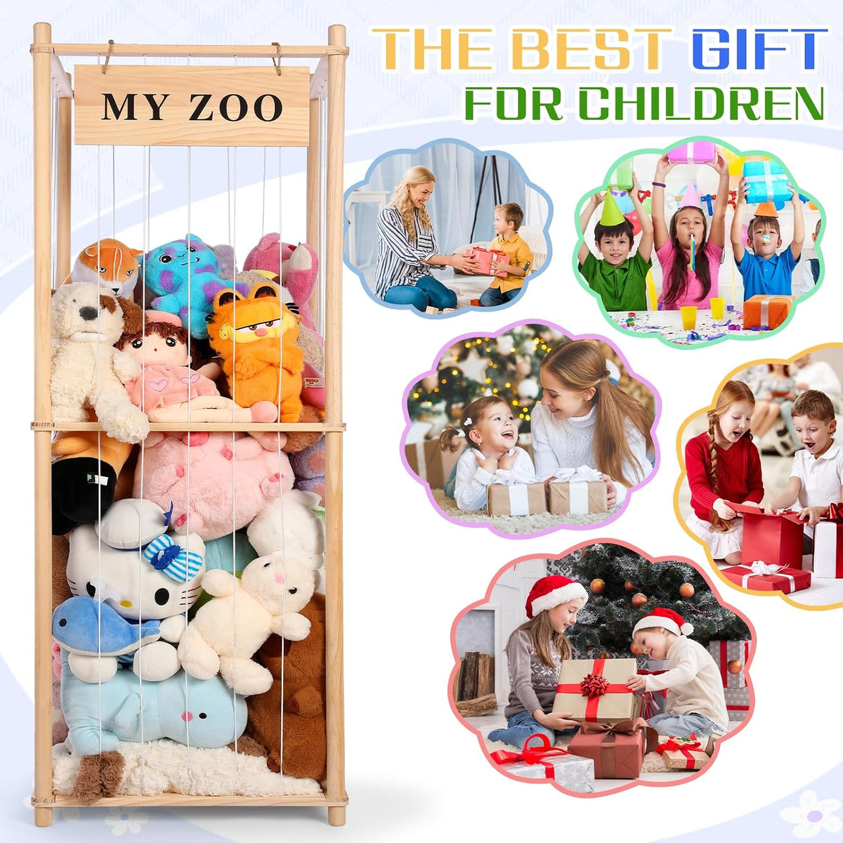 Stuffed Animal Storage Zoo, Wooden Stuffed Animal Organizer with Elastic Cords for Boys Girls, Space Saving Toy Plushies Storage Holder for Playroom, Bedroom, Living Room (Burlywood, Small)