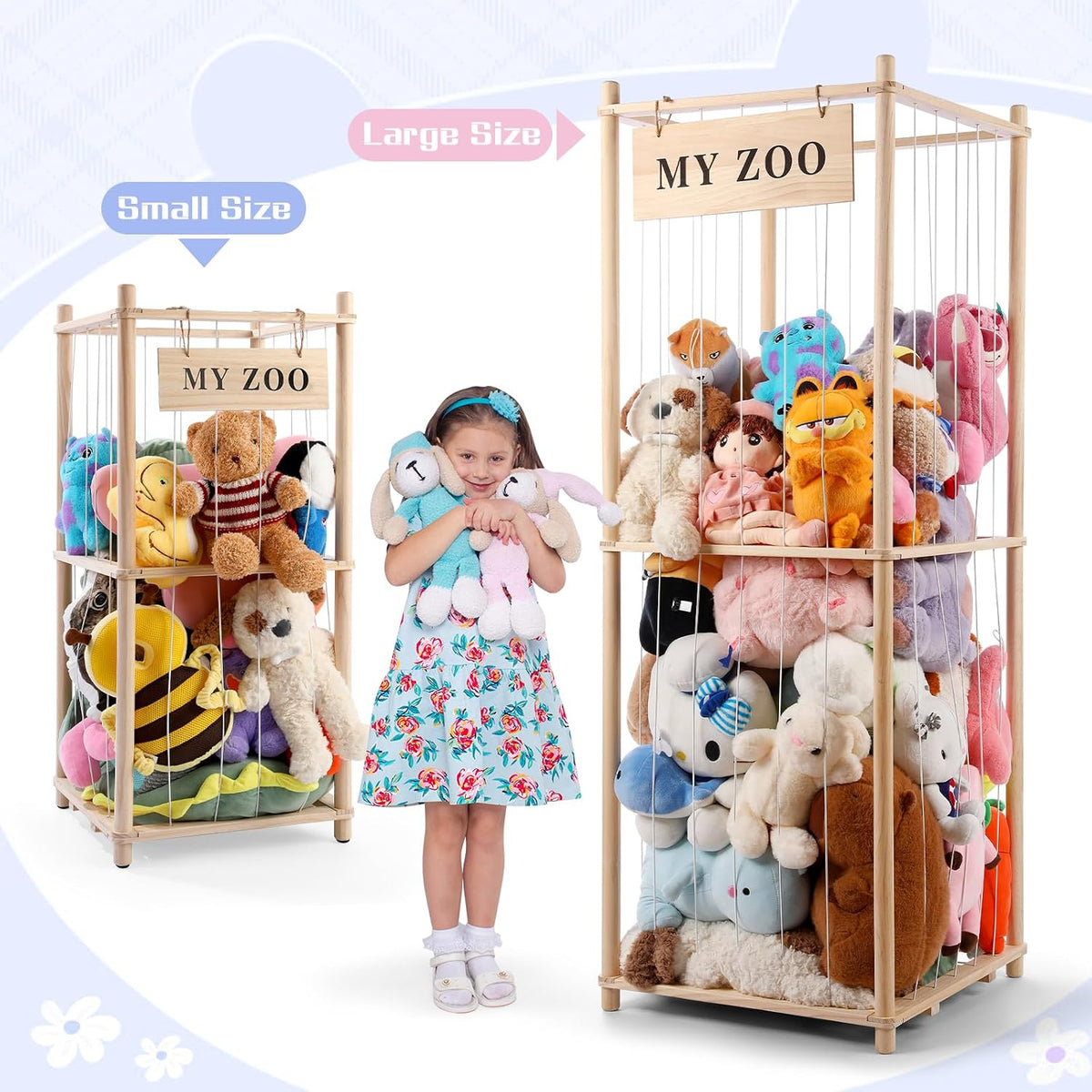 Stuffed Animal Storage Zoo, Wooden Stuffed Animal Organizer with Elastic Cords for Boys Girls, Space Saving Toy Plushies Storage Holder for Playroom, Bedroom, Living Room (Burlywood, Small)