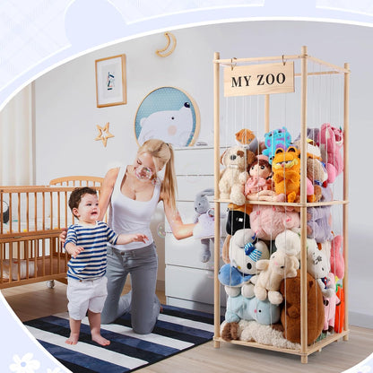 Stuffed Animal Storage Zoo, Wooden Stuffed Animal Organizer with Elastic Cords for Boys Girls, Space Saving Toy Plushies Storage Holder for Playroom, Bedroom, Living Room (Burlywood, Small)