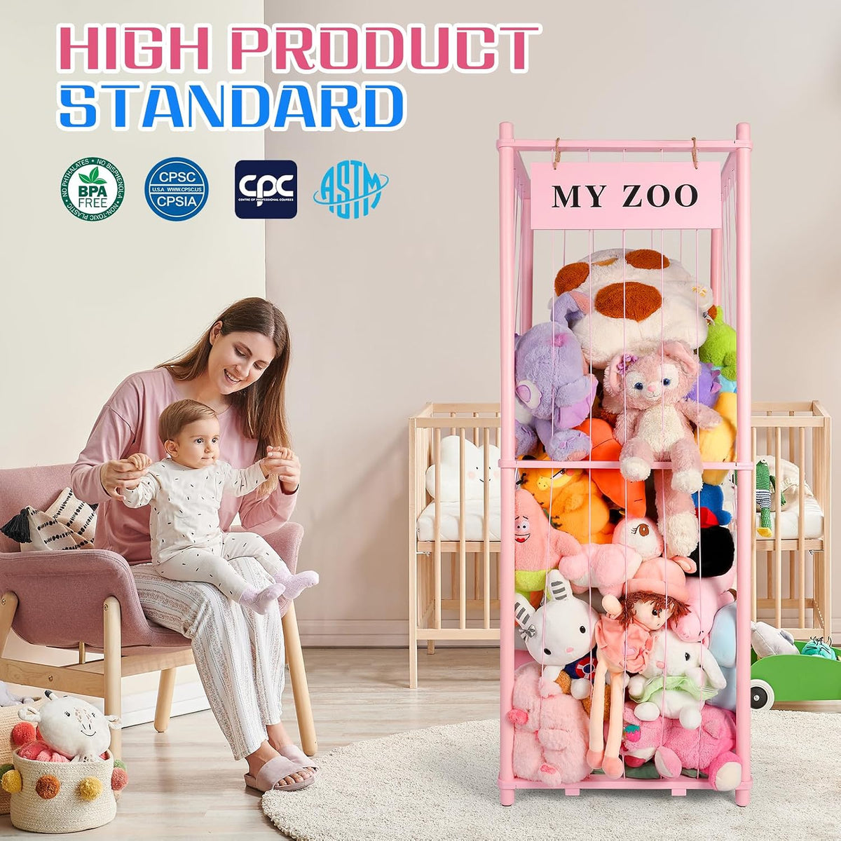 Stuffed Animal Storage Zoo, Wooden Stuffed Animal Organizer with Elastic Cords for Boys Girls, Space Saving Toy Plushies Storage Holder for Playroom, Bedroom, Living Room (Burlywood, Small)