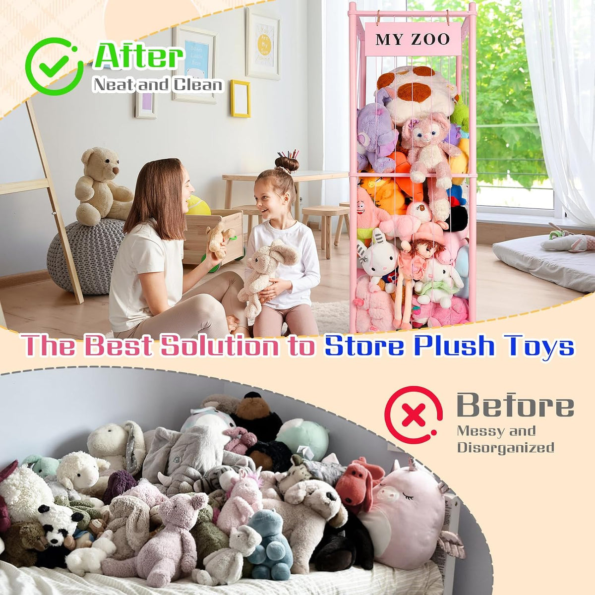 Stuffed Animal Storage Zoo, Wooden Stuffed Animal Organizer with Elastic Cords for Boys Girls, Space Saving Toy Plushies Storage Holder for Playroom, Bedroom, Living Room (Burlywood, Small)