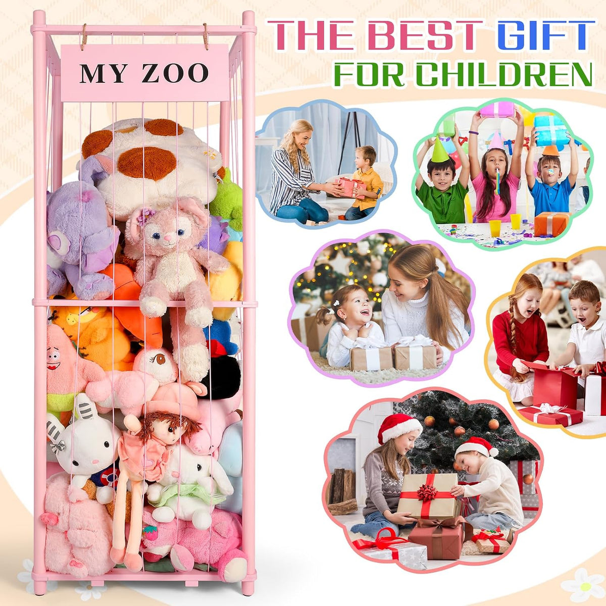 Stuffed Animal Storage Zoo, Wooden Stuffed Animal Organizer with Elastic Cords for Boys Girls, Space Saving Toy Plushies Storage Holder for Playroom, Bedroom, Living Room (Burlywood, Small)