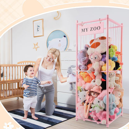 Stuffed Animal Storage Zoo, Wooden Stuffed Animal Organizer with Elastic Cords for Boys Girls, Space Saving Toy Plushies Storage Holder for Playroom, Bedroom, Living Room (Burlywood, Small)