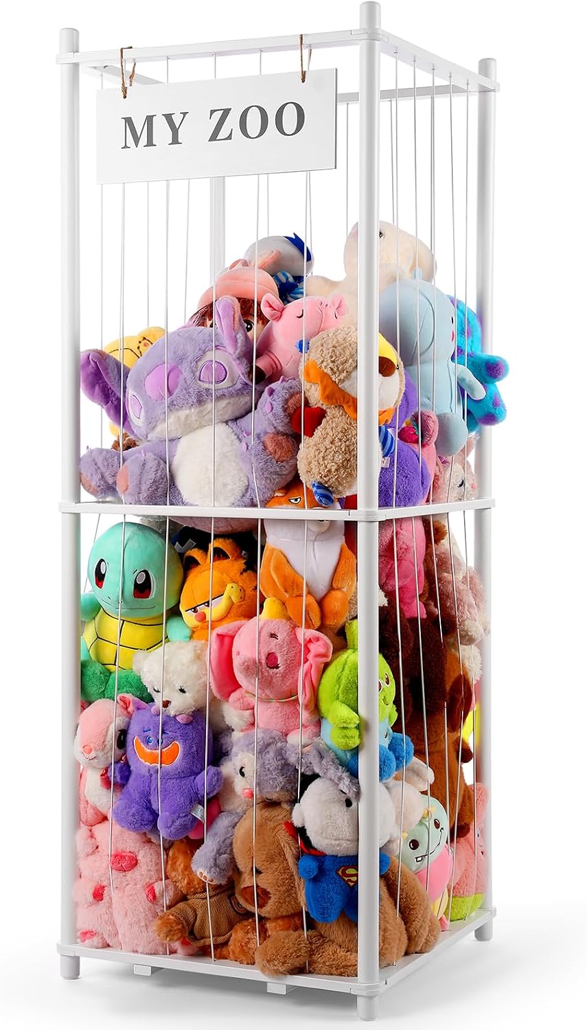 Stuffed Animal Storage Zoo, Wooden Stuffed Animal Organizer with Elastic Cords for Boys Girls, Space Saving Toy Plushies Storage Holder for Playroom, Bedroom, Living Room (Burlywood, Small)