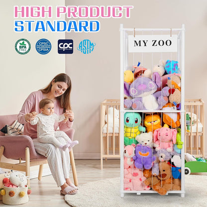 Stuffed Animal Storage Zoo, Wooden Stuffed Animal Organizer with Elastic Cords for Boys Girls, Space Saving Toy Plushies Storage Holder for Playroom, Bedroom, Living Room (Burlywood, Small)