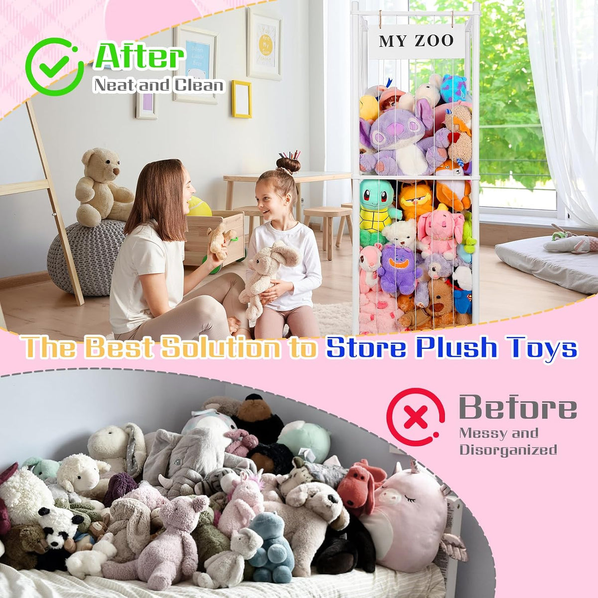 Stuffed Animal Storage Zoo, Wooden Stuffed Animal Organizer with Elastic Cords for Boys Girls, Space Saving Toy Plushies Storage Holder for Playroom, Bedroom, Living Room (Burlywood, Small)